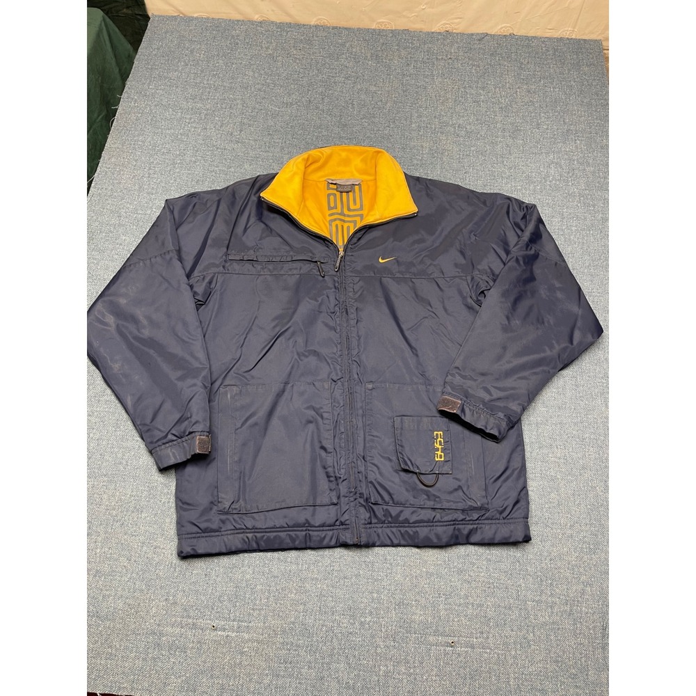 VTG Nike Navy Blue Yellow Full Zip Windbreaker Jacket Mens L Fleece Lined